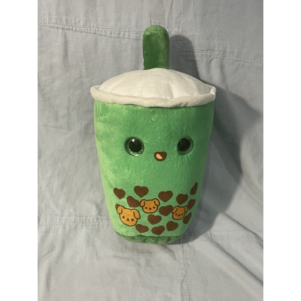 NEW Ideal Toys Direct Green Boba Tea 12" Plush Stuffed Toy w/ Boba Hearts & Dogs